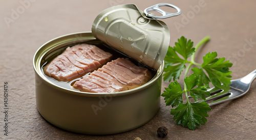 Opened Can of Seafood with Parsley and Fork on Counter
