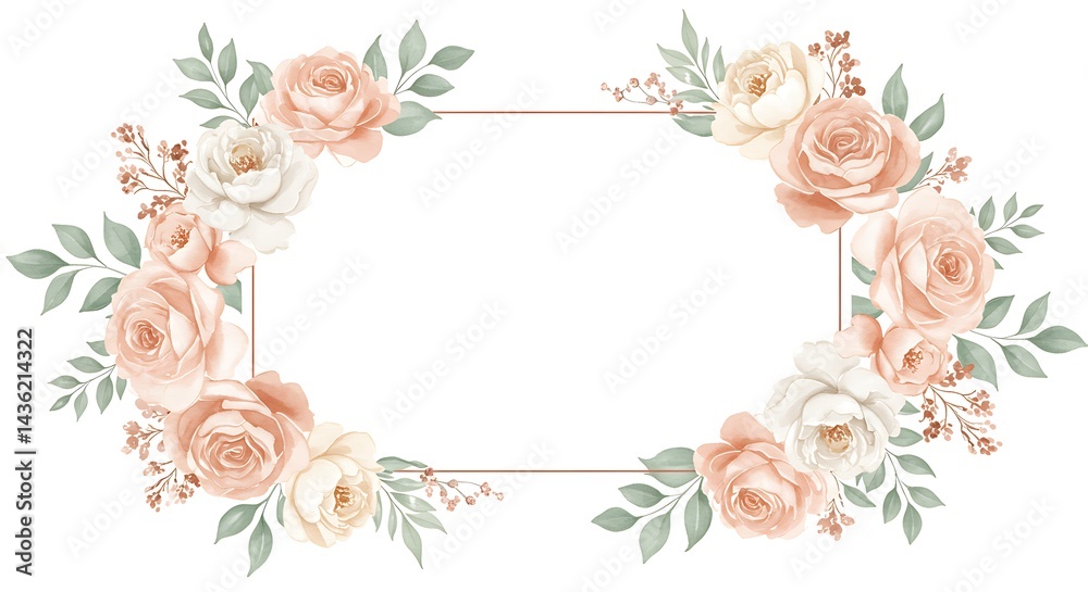 Naklejka premium Elegant Floral Frame with Peach Roses and Greenery