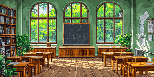 Empty pixel art classroom bathed in sunlight streaming through arched windows, featuring wooden desks, a blackboard, and a bookcase