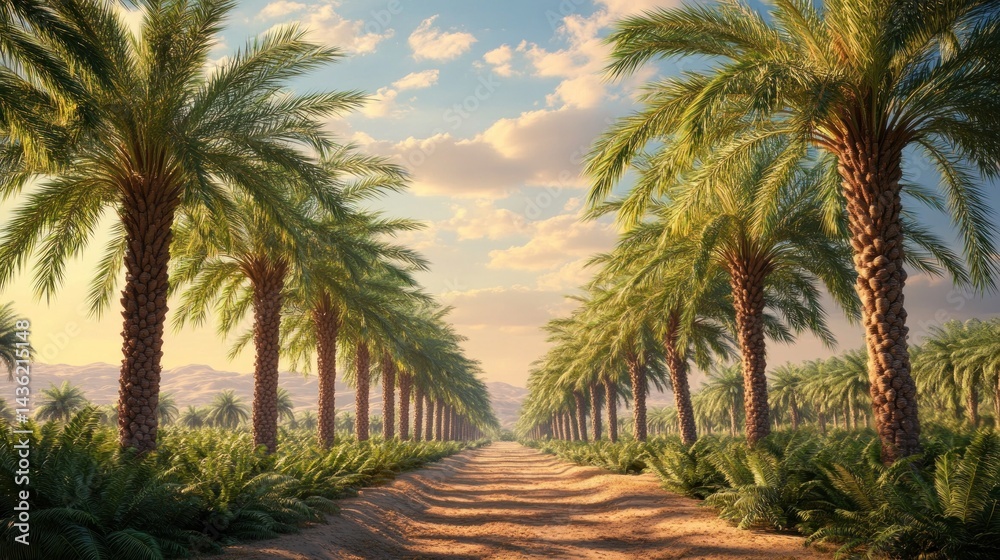 Obraz premium Palm tree lined avenue, desert oasis at sunrise
