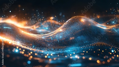 Abstract energy wave, glowing particles, dark background, cosmic scene, science concept Abstract Blue Orange Glowing Particles Background, Abstract energy wave, glowing particles, dark background,