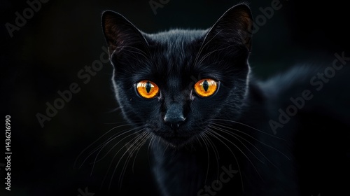 Close-up of a black cat with glowing orange eyes, staring intensely at the camera against a dark background.