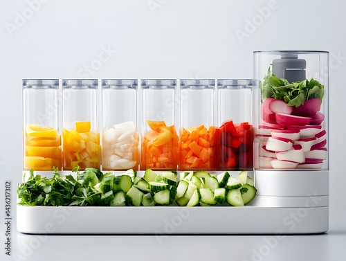 Colorful prepped vegetables in clear containers, organized on a white base with a small food processor