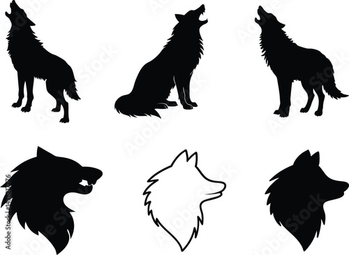 Wolf silhouette vector set.