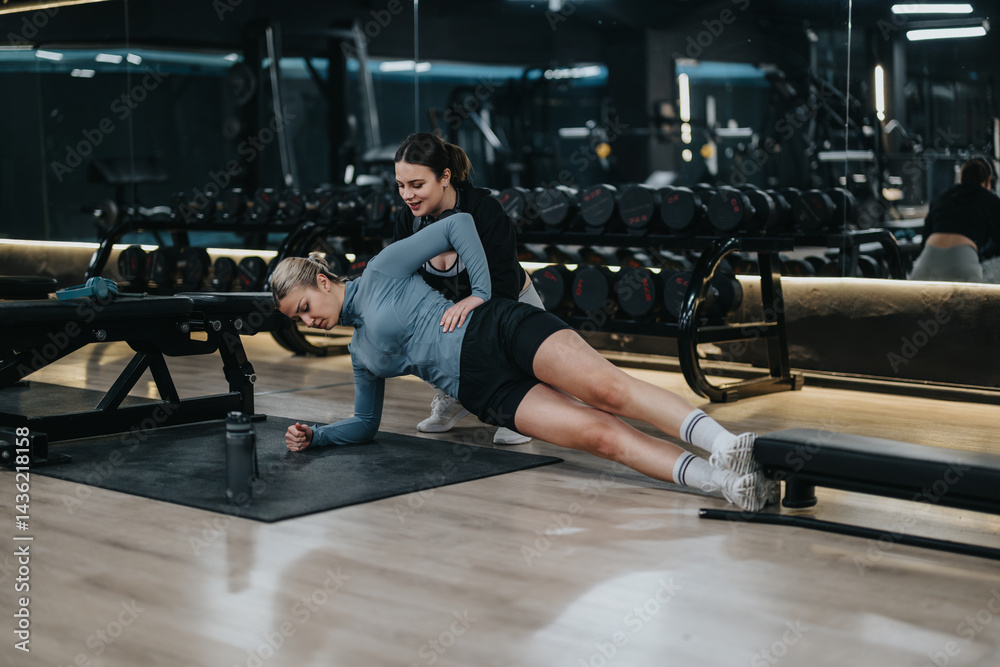 A coach provides guidance to a woman performing a side plank on a mat, focusing on proper form and fitness in a contemporary gym environment.