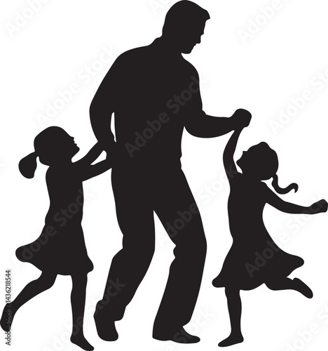 Father dancing with daughters silhouette, happy family dancing vector, family dance fun black silhouette, dad holding hands with kids vector