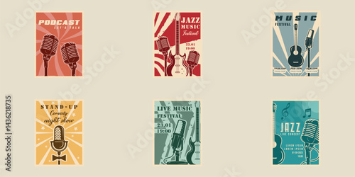 set microphone and  guitar vector poster vintage minimalist illustration template graphic design. bundle collection of various entertainment banner invitation or inscription for text in retro style