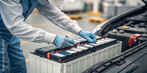 Technician Inspecting EV Battery Pack Close-up Composition, Automotive Repair, Electric Vehicle, Battery Maintenance EV Battery, Electric Car