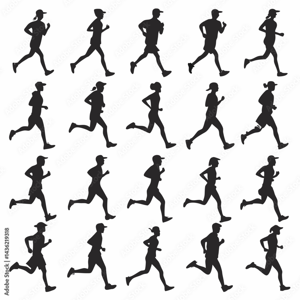 20 Professional Running Silhouettes EPS: Diverse Runners, Athletic Poses. 20 Professional Running Silhouettes EPS: Diverse Runners, Athletic Poses.