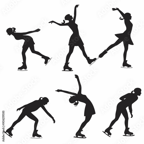 Figure Skater Silhouettes: 6 Poses, Black, Vector.