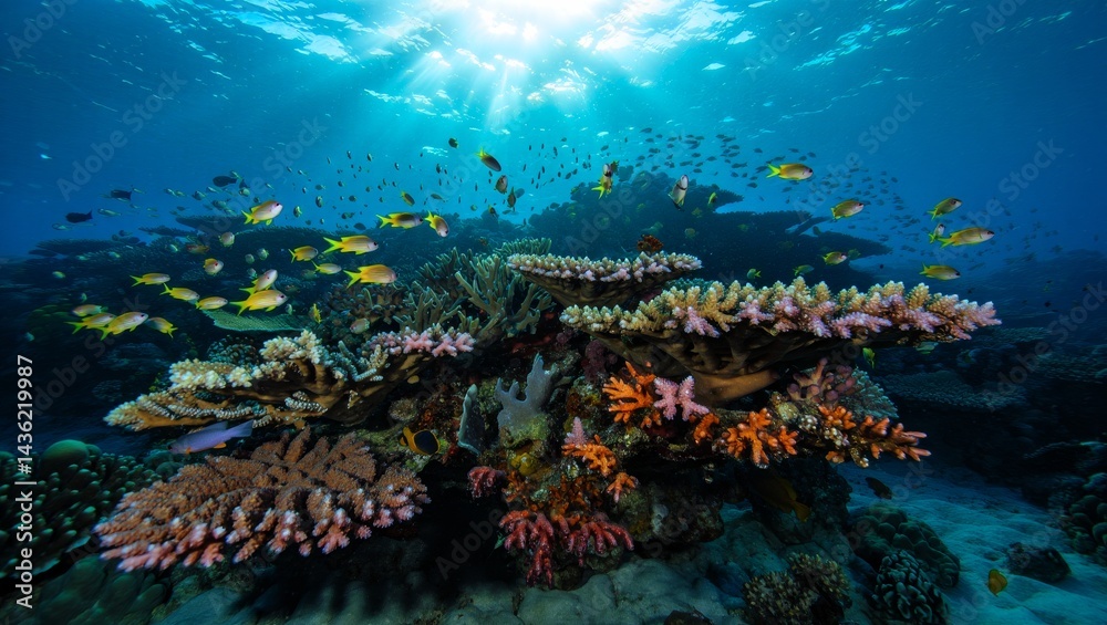 Fototapeta premium Vibrant Coral Reef Underwater Scene with Tropical Fish, AI Generated