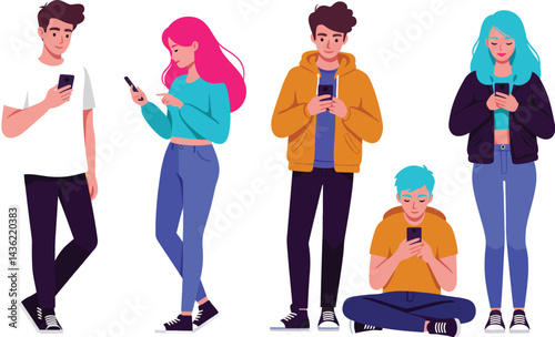 Young People Holding Smartphones, Flat Vector Illustration for Digital Connectivity, Social Media, and Youth Engagement Themes