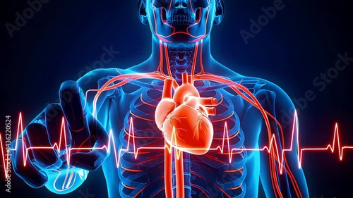 Human circulatory system with a bright heart and highlighted arteries and veins, showing a heartbeat pulse in front of a dark blue background