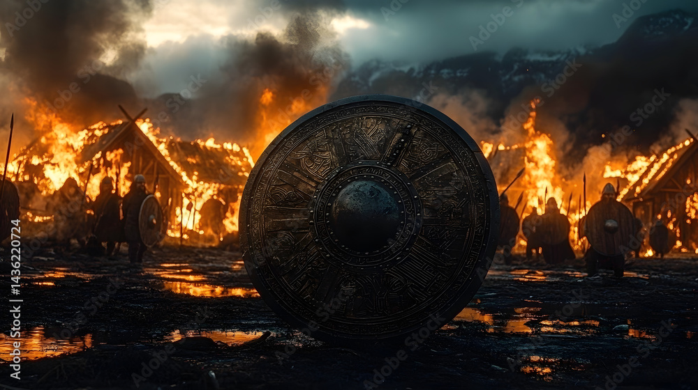 Viking shield in foreground with burning houses and vikings in the background