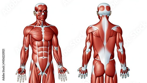 Detailed anatomical illustration revealing male muscular system from front and back, providing comprehensive visual guide for medical study and professional reference
