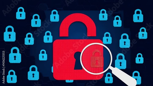 Magnifying glass revealing red padlock amid blue padlocks on dark hexagonal background, symbolizing cybersecurity, data privacy, network protection