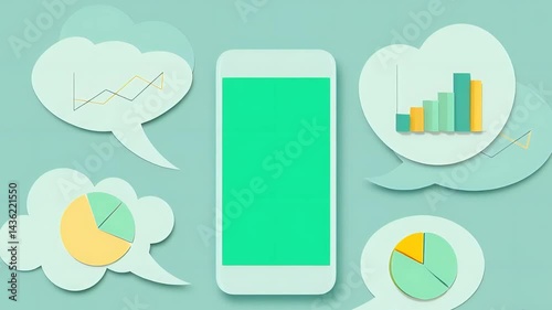 Smartphone displaying green-screened business charts, graphs emerging from speech bubbles, visualizing data analysis and mobile marketing against vibrant yellow backdrop