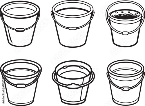 set of bucket filled with water line art, black outline, vector and illustration, coloring book page line art drawing