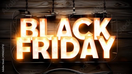Luminous black friday neon sign illuminating rustic wooden surface, radiating festive retail energy with bold, glowing typography against warm, textured backdrop