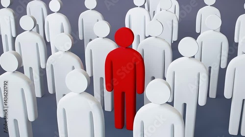 Red figure standing prominently amid sea of white silhouettes, representing individual difference, uniqueness, leadership