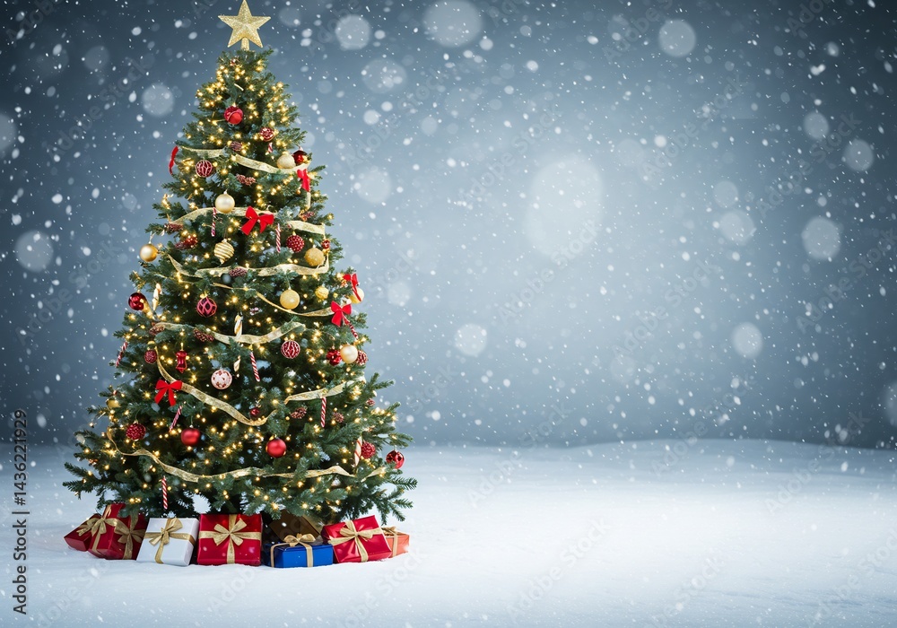 Obraz premium 輝く雪景色 華やか装飾のクリスマスツリー