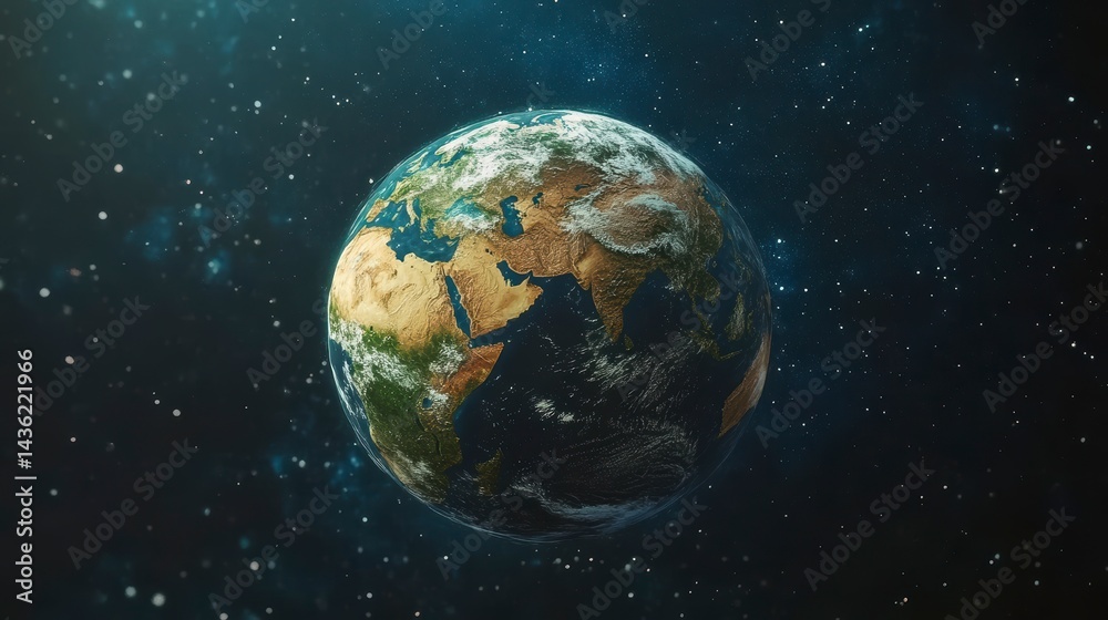 Fototapeta premium Planet Earth in space, showing continents, clouds, and stars.