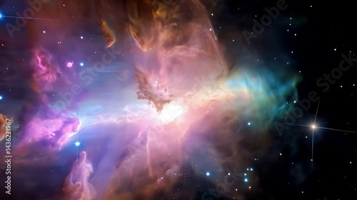 Vibrant cosmic nebula spreading luminous gas clouds, revealing intricate patterns amid starry background, highlighting expansive interstellar landscape