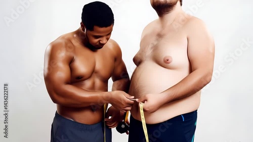 Personal trainer measuring overweight man's waistline with tape, symbolizing fitness journey and health improvement against clean white backdrop