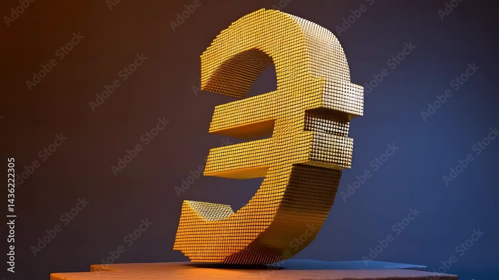 Golden euro symbol constructed from pixel blocks, rising on metallic pedestal against cool blue backdrop, radiating financial significance with warm illuminating glow