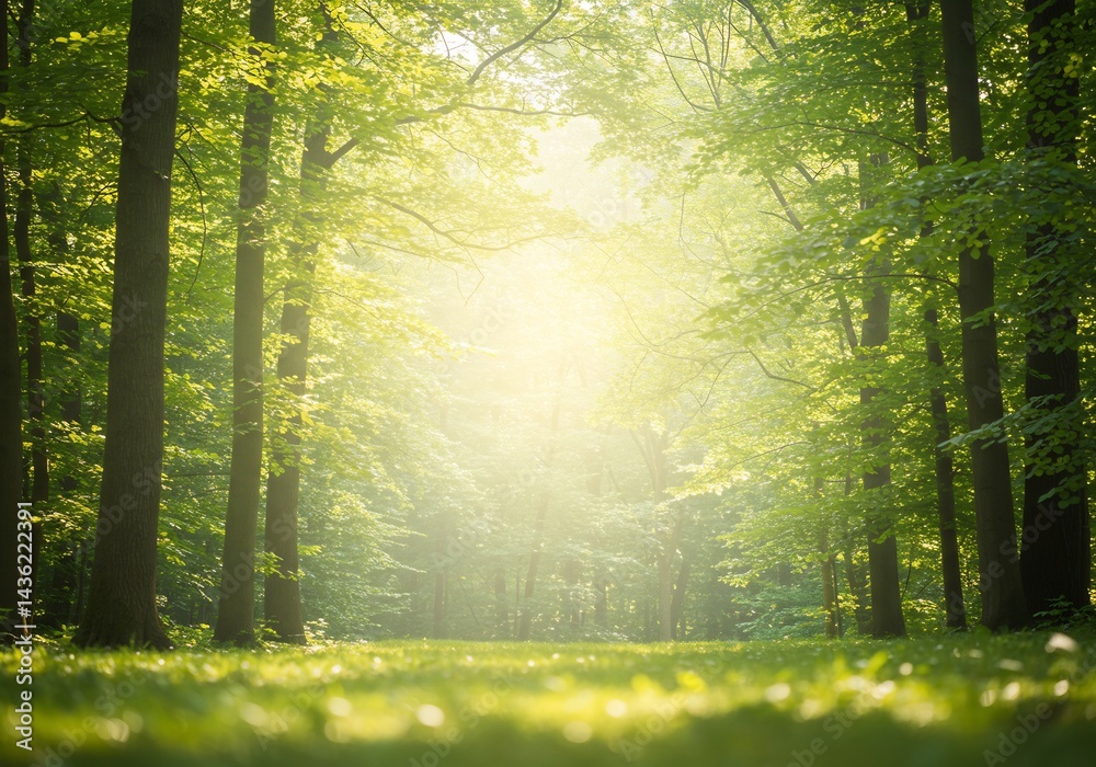 Obraz premium 緑輝く森道 優しい光が差し込む