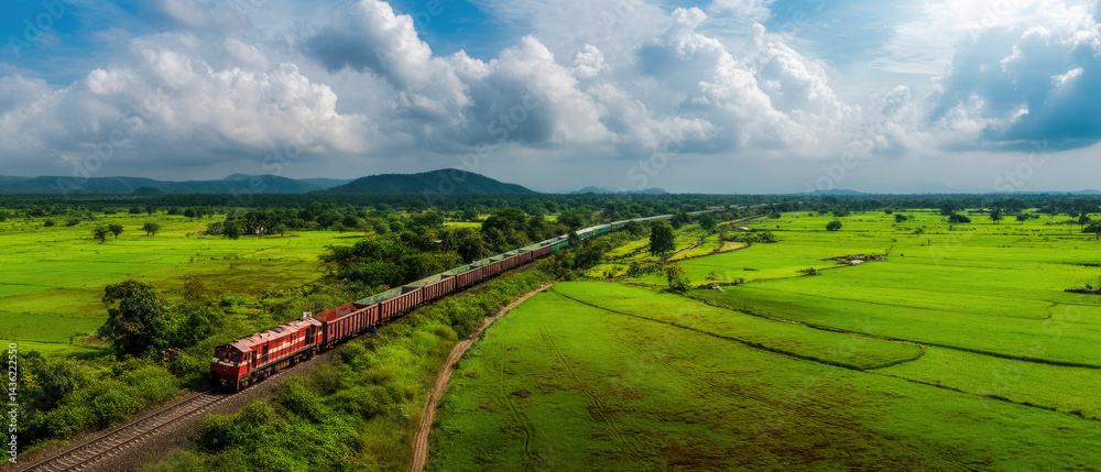 Naklejka premium Aerial view train railway landscape travel journey scenic transport india