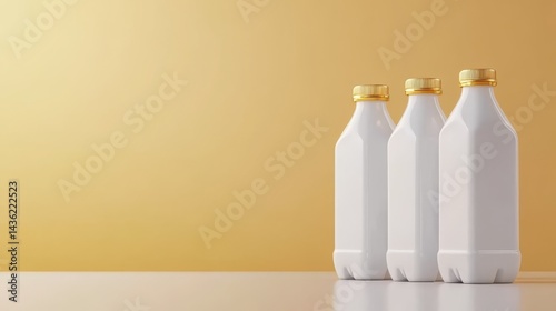 Three white milk bottles on a sunny yellow background, refreshing still life refreshing