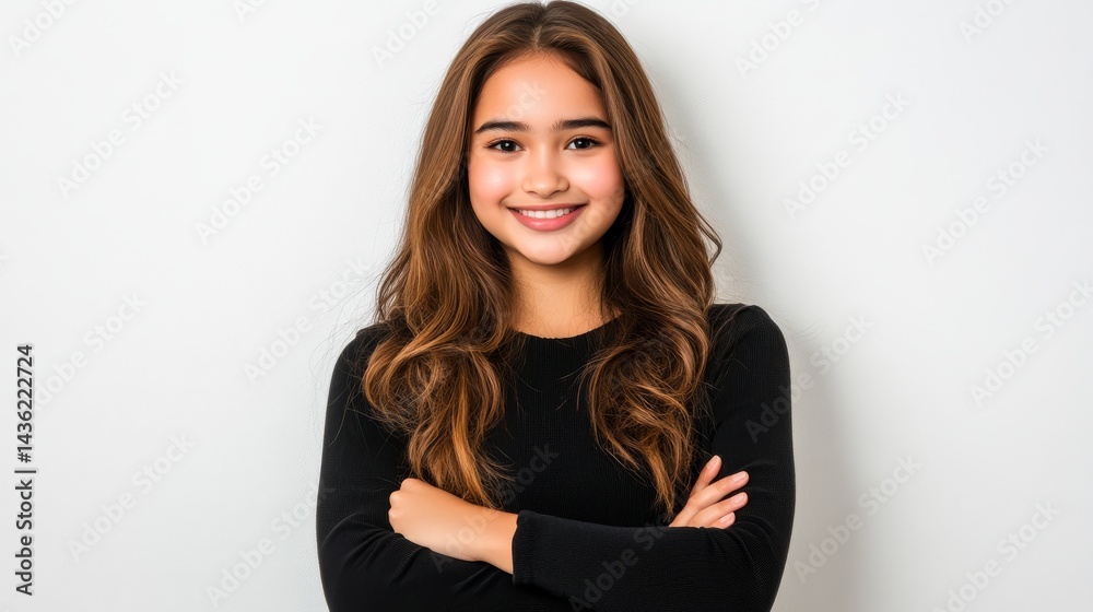 Striking portrait of a young girl with long brown hair and black sweater, minimalist fashion statement Striking portrait of a young girl with long brown hair and black sweater, minimalist fashion statement
