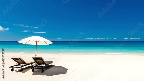 Beach chairs resting under vibrant umbrella on pristine white sand, facing turquoise waters and cloudless azure sky, representing tranquil tropical vacation atmosphere