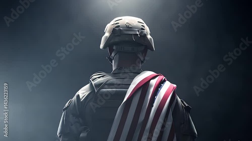 American soldier, draped in an american flag and wearing a combat helmet, stands with back turned under a dramatic spotlight against a dark background