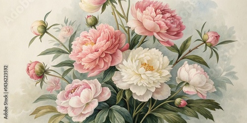 Watercolor Peony Bouquet Pink and White Floral Composition, Botanical Painting, Soft Pastel Hues,Fine Art Print Peonies,Watercolor Painting
