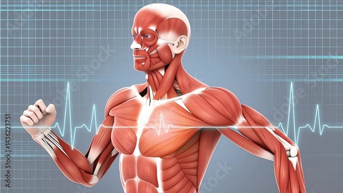 Human muscular system highlighting cardiovascular endurance, muscular definition while running, heartbeat monitor displaying rhythmic pulse signaling peak physical conditioning