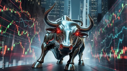 Chrome Bull Displayed with Financial Stock Chart in Urban Setting