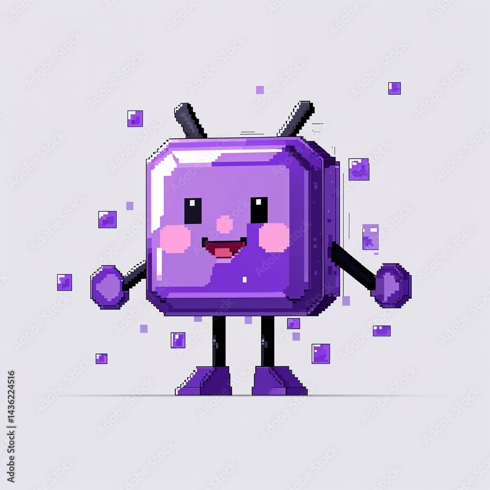 Naklejka premium Amethyst purple square pixel art cartoon design on plain white background illustration