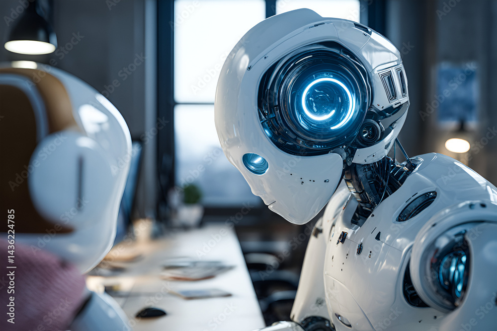 Fototapeta premium Two white robots quietly conversing futuristic technology advanced AI thoughtful interaction