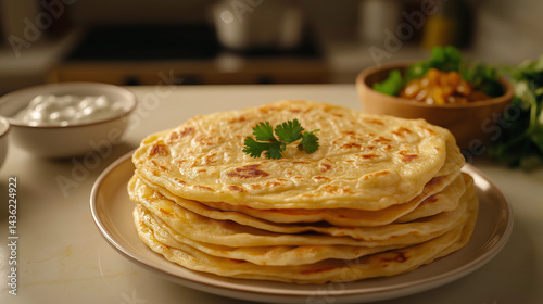 Stuffed parata stacked in a plate food photography