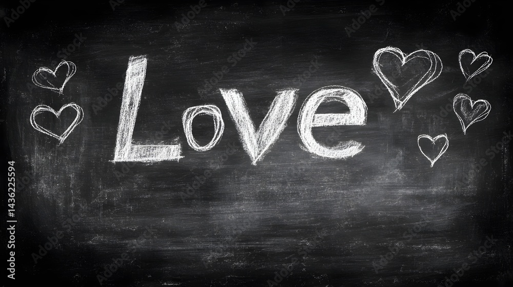 Fototapeta premium Handwritten Love on Blackboard with Chalk and Decorative Hearts
