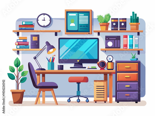 A high-quality vector of a modern home office setup with desk, computer, and stationery, isolated on a white background