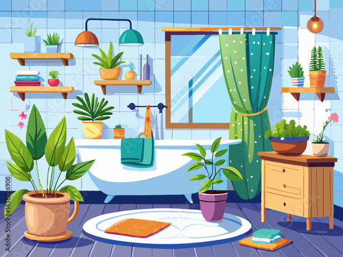 A high-quality vector of a clean bathroom with bathtub, towels, and plants, isolated on a white background