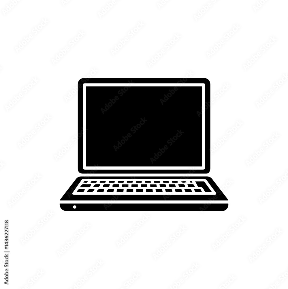 Black Filled Icon of a Laptop with Open Screen and Visible Keyboard Black Filled Icon of a Laptop with Open Screen and Visible Keyboard
