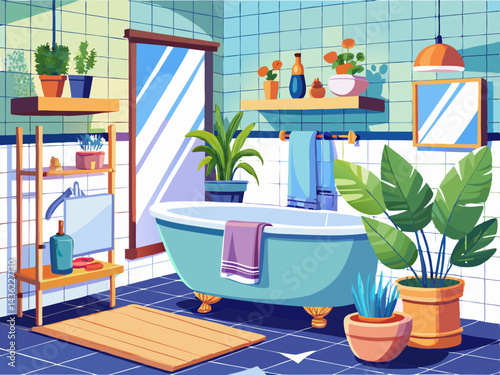 A high-quality vector of a clean bathroom with bathtub, towels, and plants, isolated on a white background