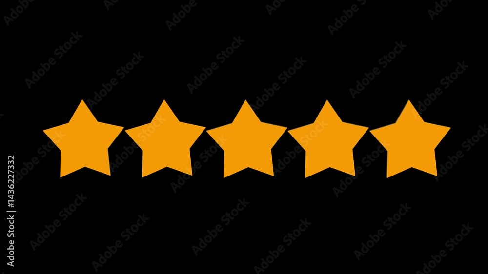 Five star rating icon, animation video isolated on alpha channel background. Animated of 5 stars rating on black background. Five stars rating animation video.Special with rating star icon animation. Five star rating icon, animation video isolated on alpha channel background. Animated of 5 stars rating on black background. Five stars rating animation video.Special with rating star icon animation.