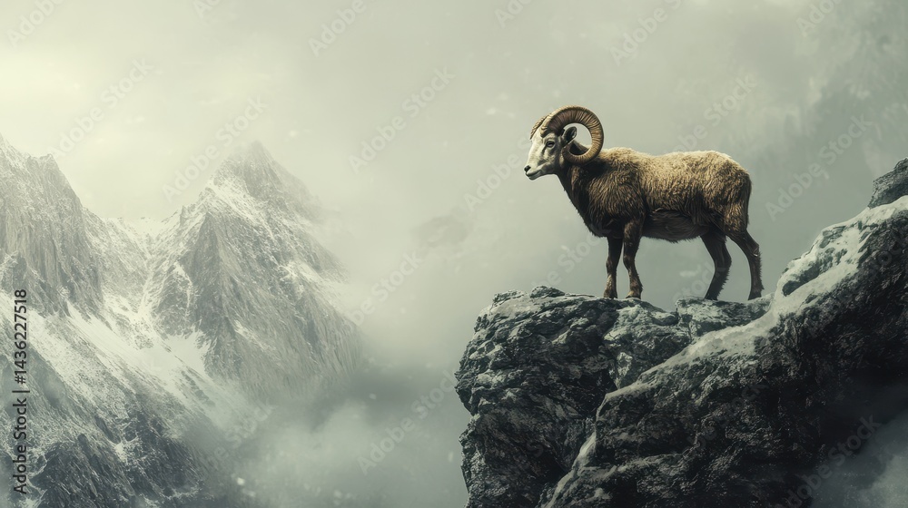 Naklejka premium Majestic Bighorn Ram Stands Proudly on Rocky Mountain Peak, A Symbol of Strength and Wilderness Resilience.