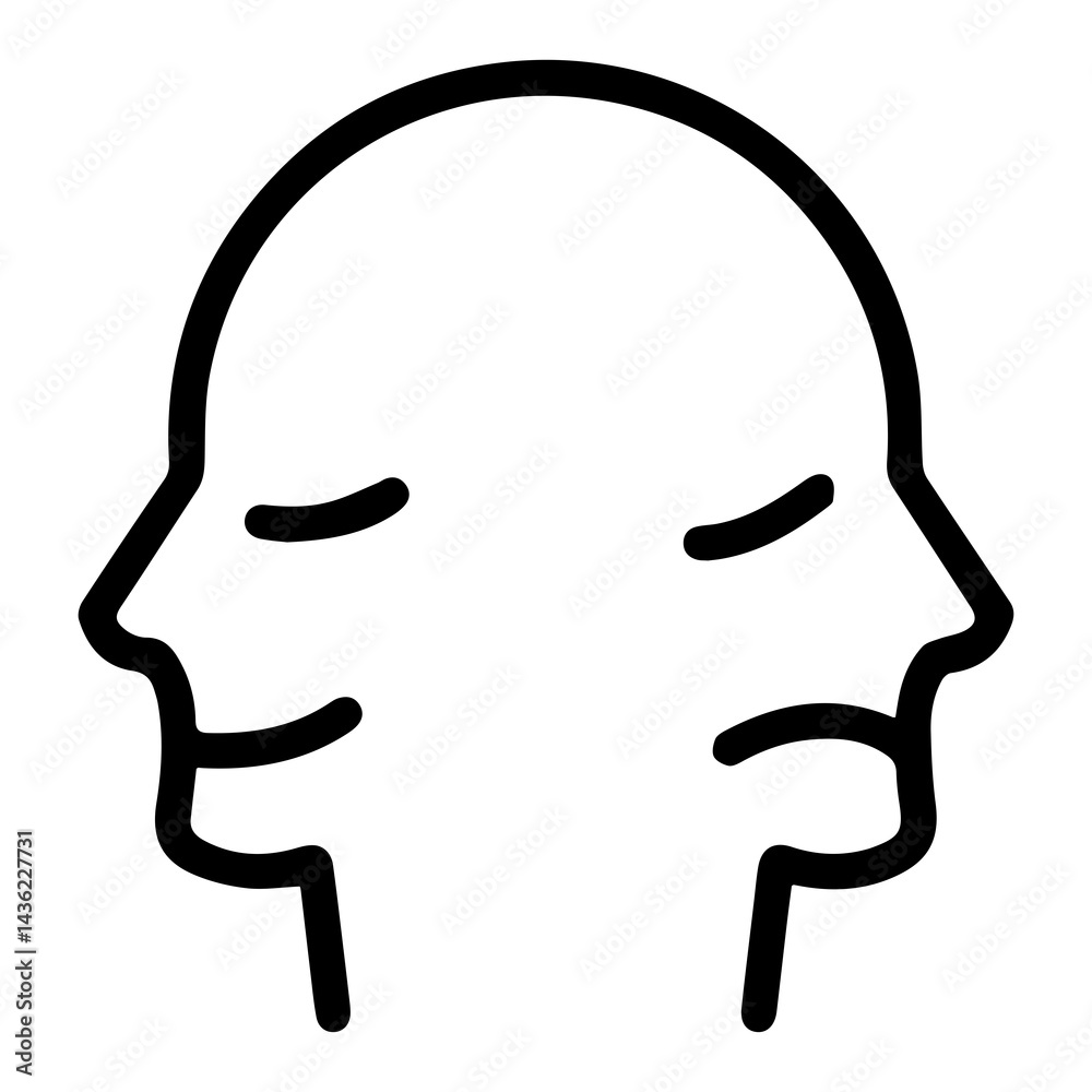 Fototapeta premium Two minimalist faces, one smiling, one frowning, joined at the back of the head. Symbolizing contrasting emotions, duality, happiness, and sadness. Black and white graphic