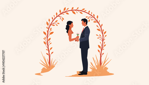 Bride and groom exchanging vows under floral arch, wedding symbolism